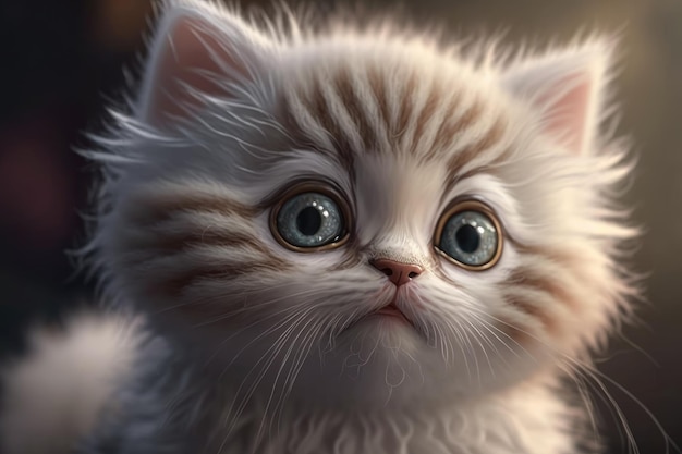 A kitten with blue eyes is looking at the camera.