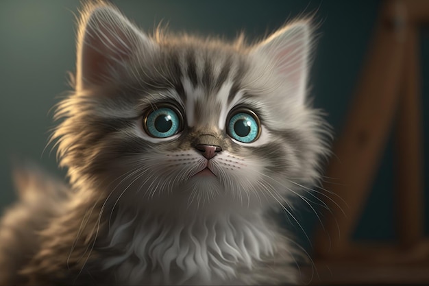 A kitten with blue eyes is looking up at the camera.