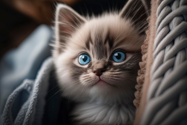 A kitten with blue eyes is peeking out of a blanket.