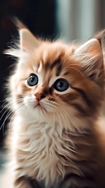 A kitten with blue eyes is sitting on a table.