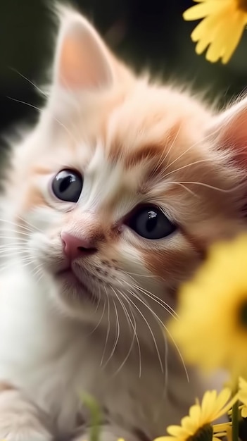 A kitten with blue eyes looks at the camera