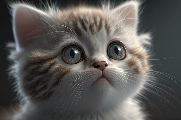 A kitten with blue eyes looks up at the camera.