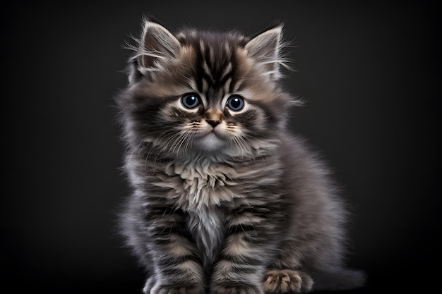 A kitten with blue eyes sits on a black background.