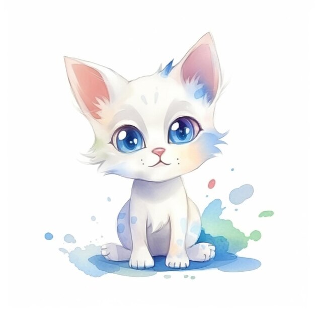 A kitten with blue eyes sits in a puddle of water.