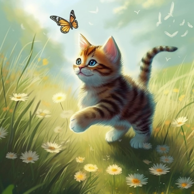 A kitten with blue eyes walks in a field of flowers with a butterfly on its nose.