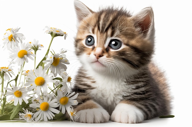 A kitten with daisies on it