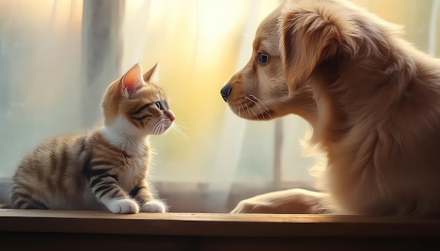 kitten with a dog looking at the windows