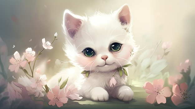 A kitten with green eyes sits in a flower garden.