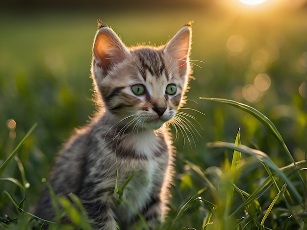 A kitten with green eyes sitting in the grass