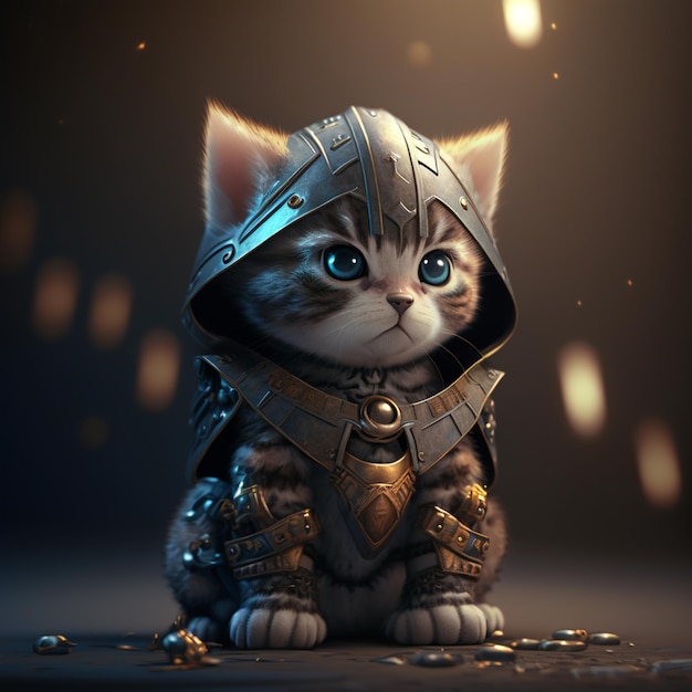 A kitten with a helmet and armor on