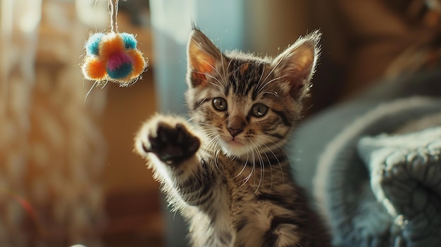 a kitten with its paw up in the air