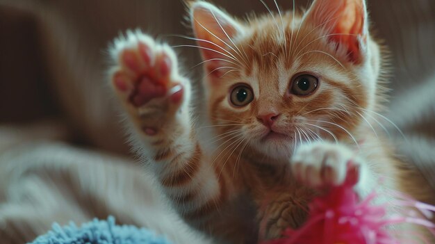 a kitten with its paw up in the air