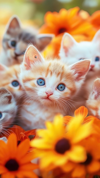 Photo a kitten with many kittens in orange and yellow