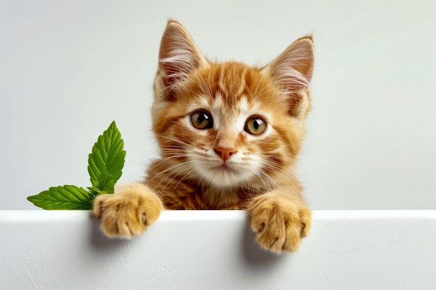 Kitten with one paw on ledge and herb leaf in front of it Generative AI