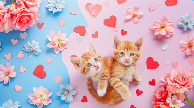 a kitten with a pink background with hearts and a blue background with a pink and red heart shaped hearts