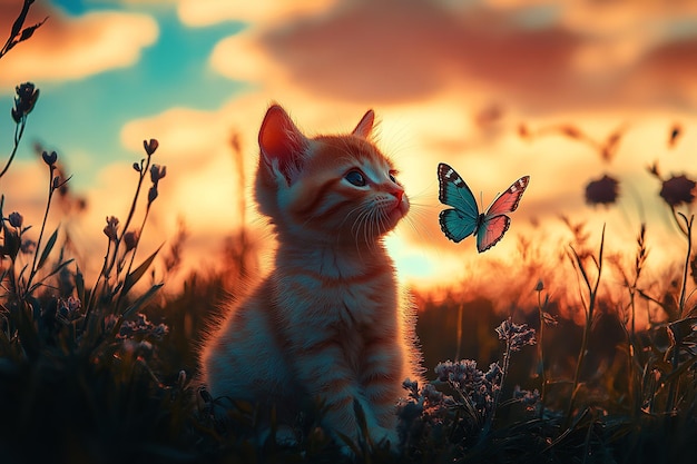 Kitten with radiant wings under a sunset sky vivid colors