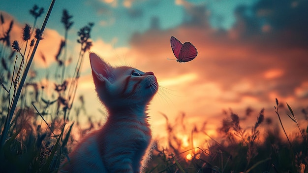 Kitten with radiant wings under a sunset sky vivid colors