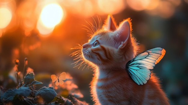 Kitten with radiant wings under a sunset sky vivid colors