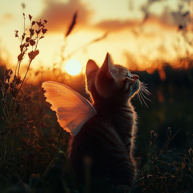 Kitten with radiant wings under a sunset sky vivid colors