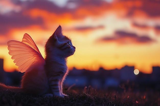 Kitten with radiant wings under a sunset sky vivid colors