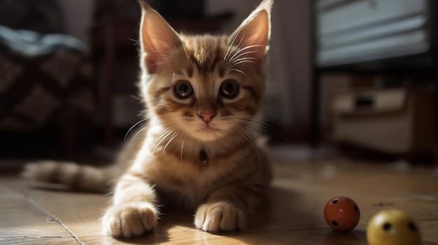 A kitten with a red dice on the floor