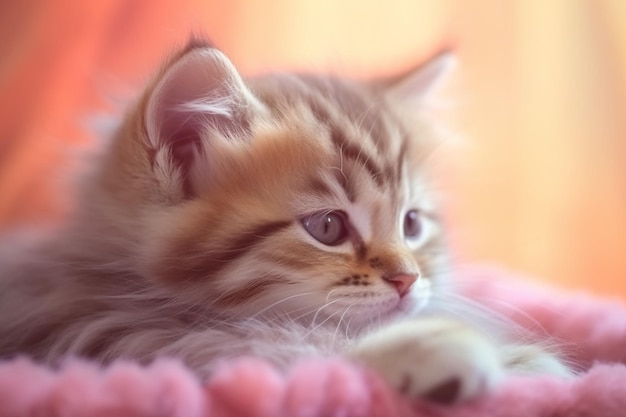 A kitten with stripes on its face is laying on a pink blanket.