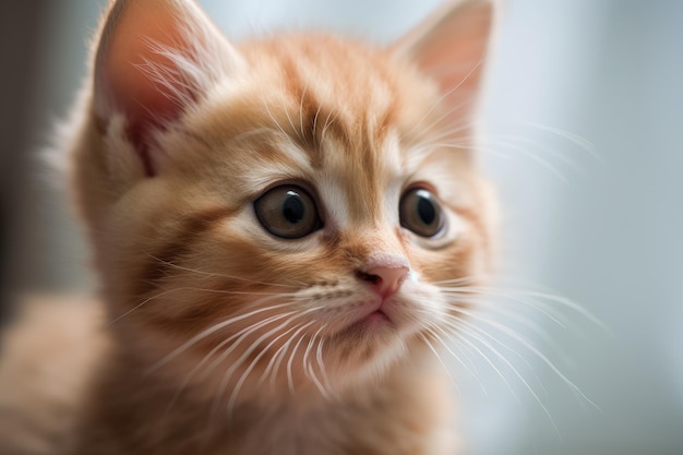 A kitten with a white face and black eyes is looking up.