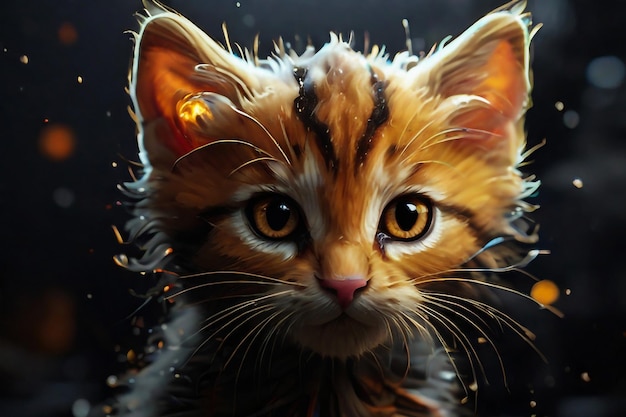 a kitten with a yellow eyes and a black background