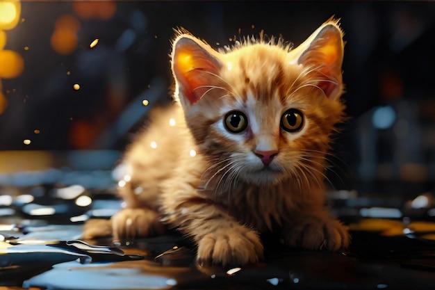 a kitten with yellow eyes laying on a black surface