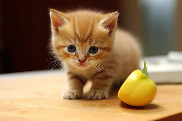 a kitten next to a yellow pepper