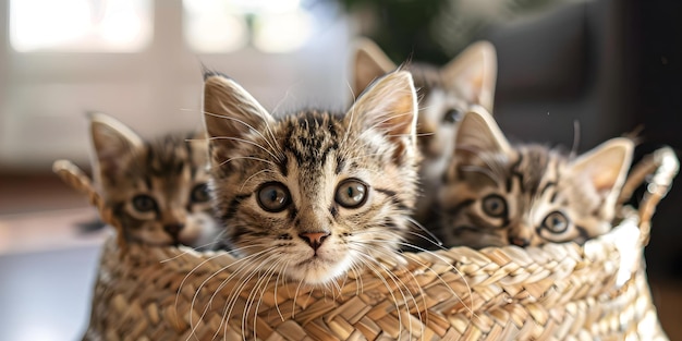 Photo kittens curiously peeking from a woven basket in a sunlit room concept pet photography natural lighting indoor photoshoot kitten portraits textured backgrounds