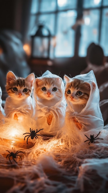 Photo kittens dressed as ghosts delightfully interact with cobwebs and fake spiders in a haunted house