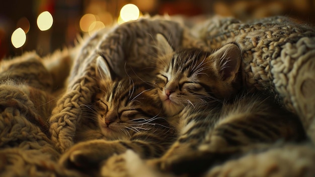 Kittens sleeping together nestled on a cozy blanket warm living room with soft ambient lighting