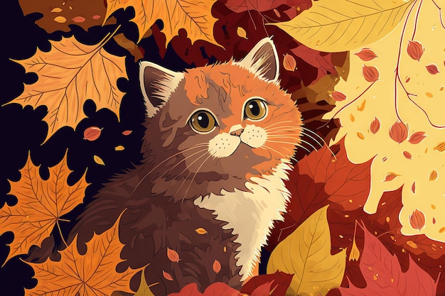 Kitty and leaves in the fall