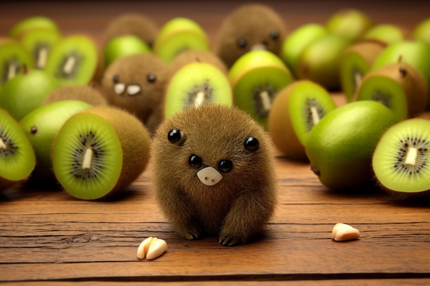 Photo kiwi artistically scattered on a wooden table natural snack fresh fruit kiwi image photography