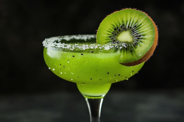 Photo kiwi cocktail in margarita glass with fresh kiwi slice and salted rim