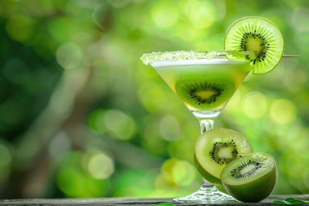 Photo kiwi cosmopolitan with kiwi slices and lime served in a martini glass fresh green background