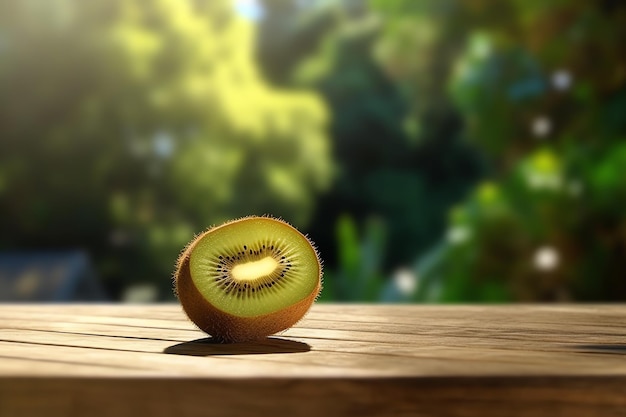 A kiwi fruit cut in half sitting on a wooden table