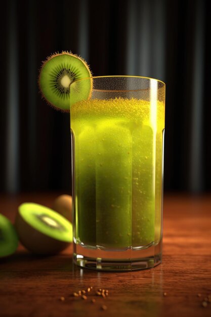 Kiwi fruit and glass of juice on brown wooden background