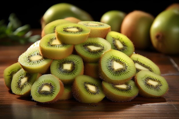 kiwi fruit has been cut into pieces and placed sitting on a wooden table