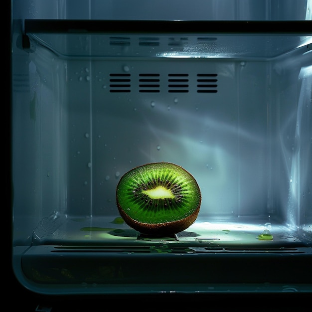 a kiwi fruit inside of a microwave with the word kiwi on the bottom