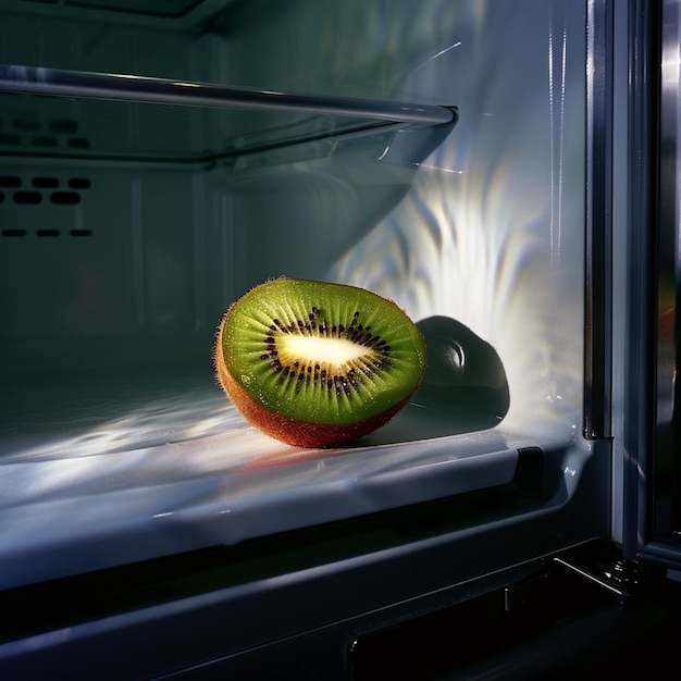 a kiwi fruit inside of a refrigerator with the word kiwi on the bottom