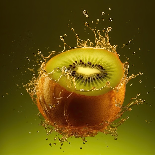 A kiwi fruit is being dropped into a water splash