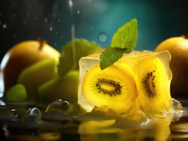 Kiwi fruit and mint ice cubes splashing water generative ai