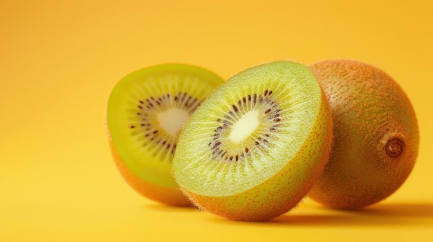 Photo kiwi fruit on a pastel yellow background animal on the right lots of open space to the left