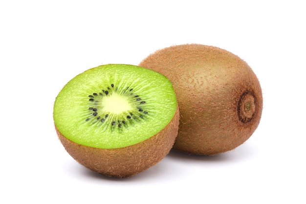 Kiwi fruit with cut in half isolated on white background.