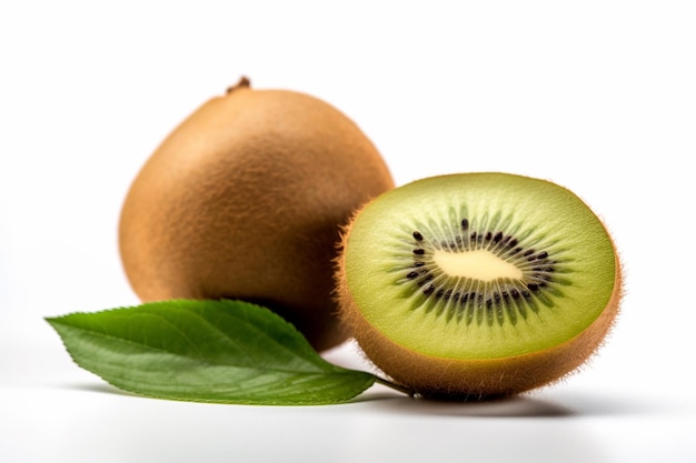 Kiwi fruit with green leaves on a white background