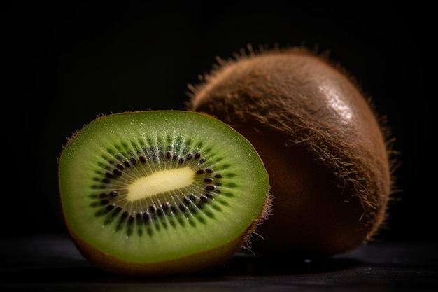 A kiwi fruit with the seeds in the center