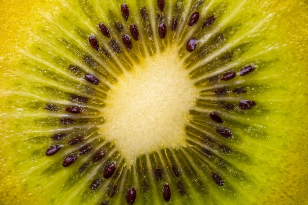 Kiwi fruit with seeds closeup in a cut. Green background macro.