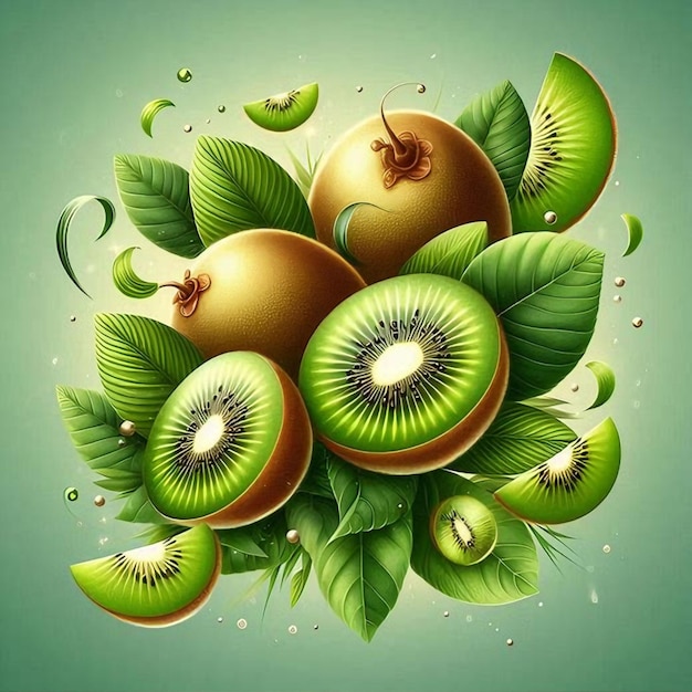 Kiwi halves and slices floating or falling in the air accompanied by green leaves